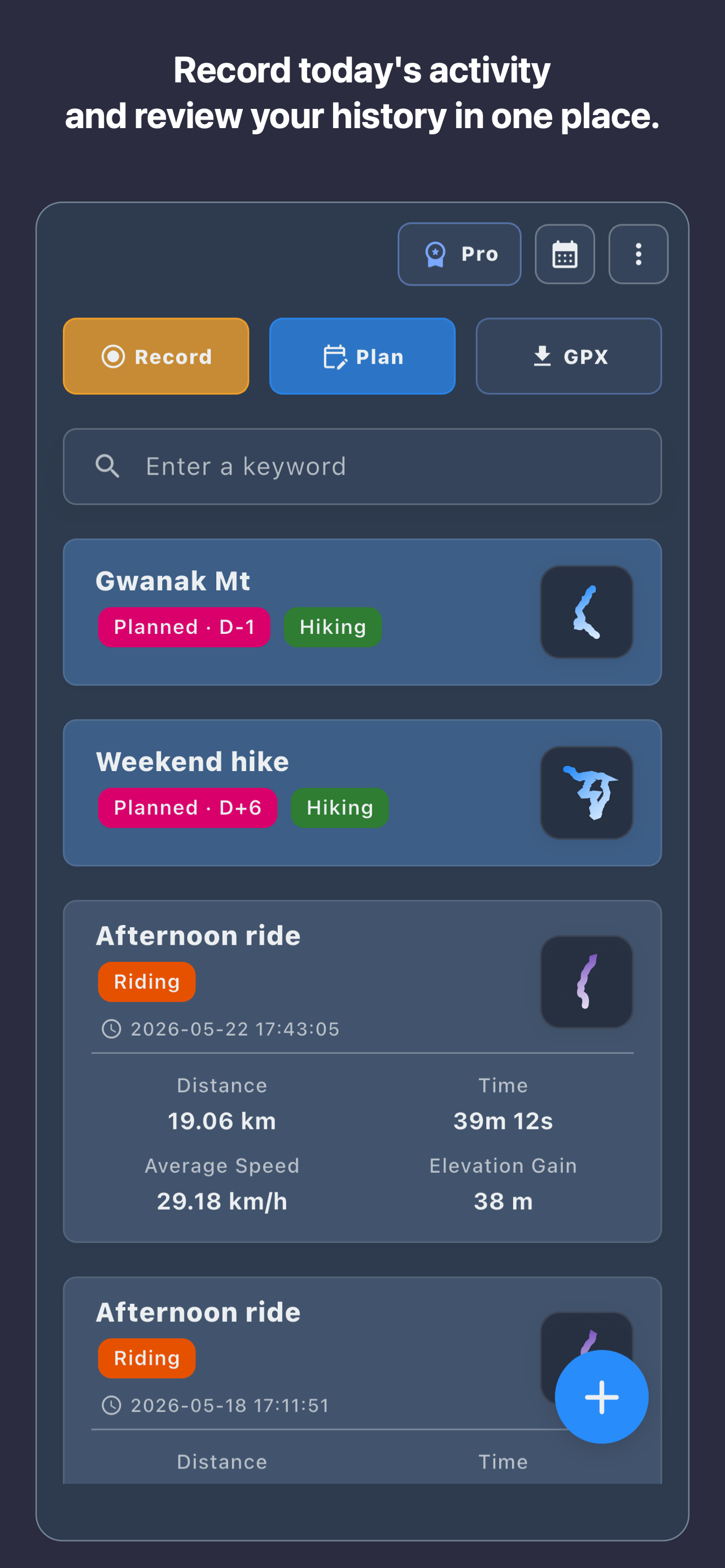 RouteTracker Home in English showing an activity list stored for review