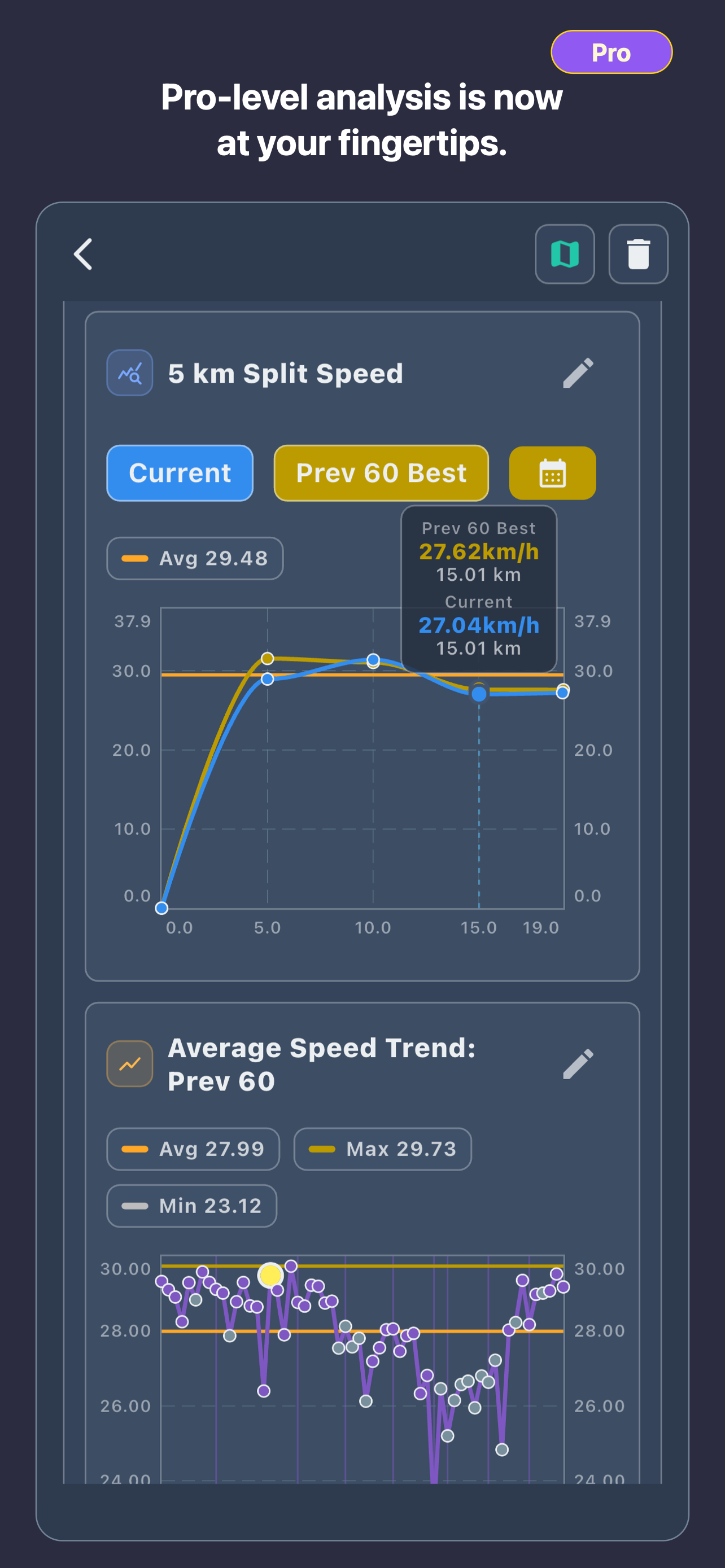 RouteTracker English comparison screen showing current and previous split speed with a repeated-route trend