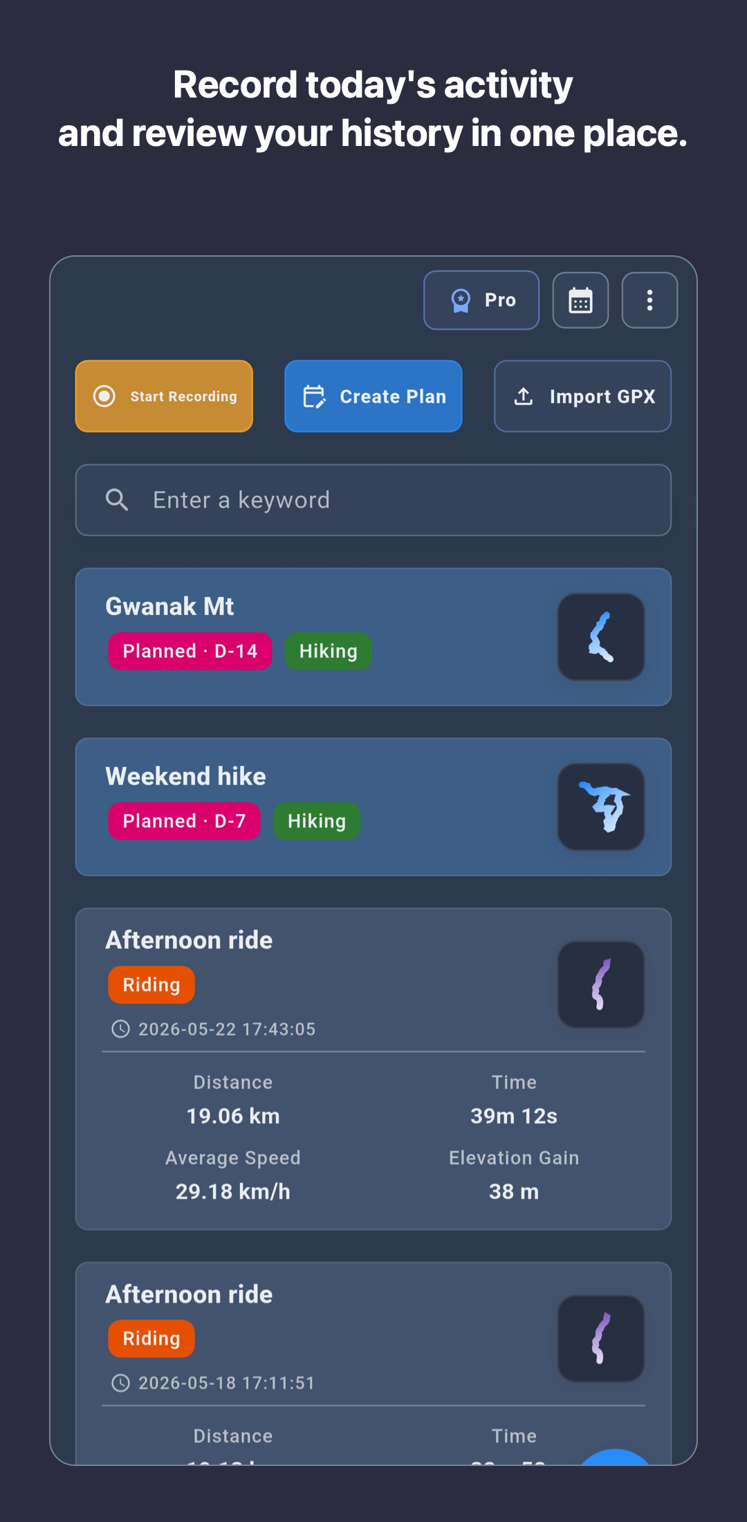 RouteTracker home screen showing record, plan, and GPX import actions